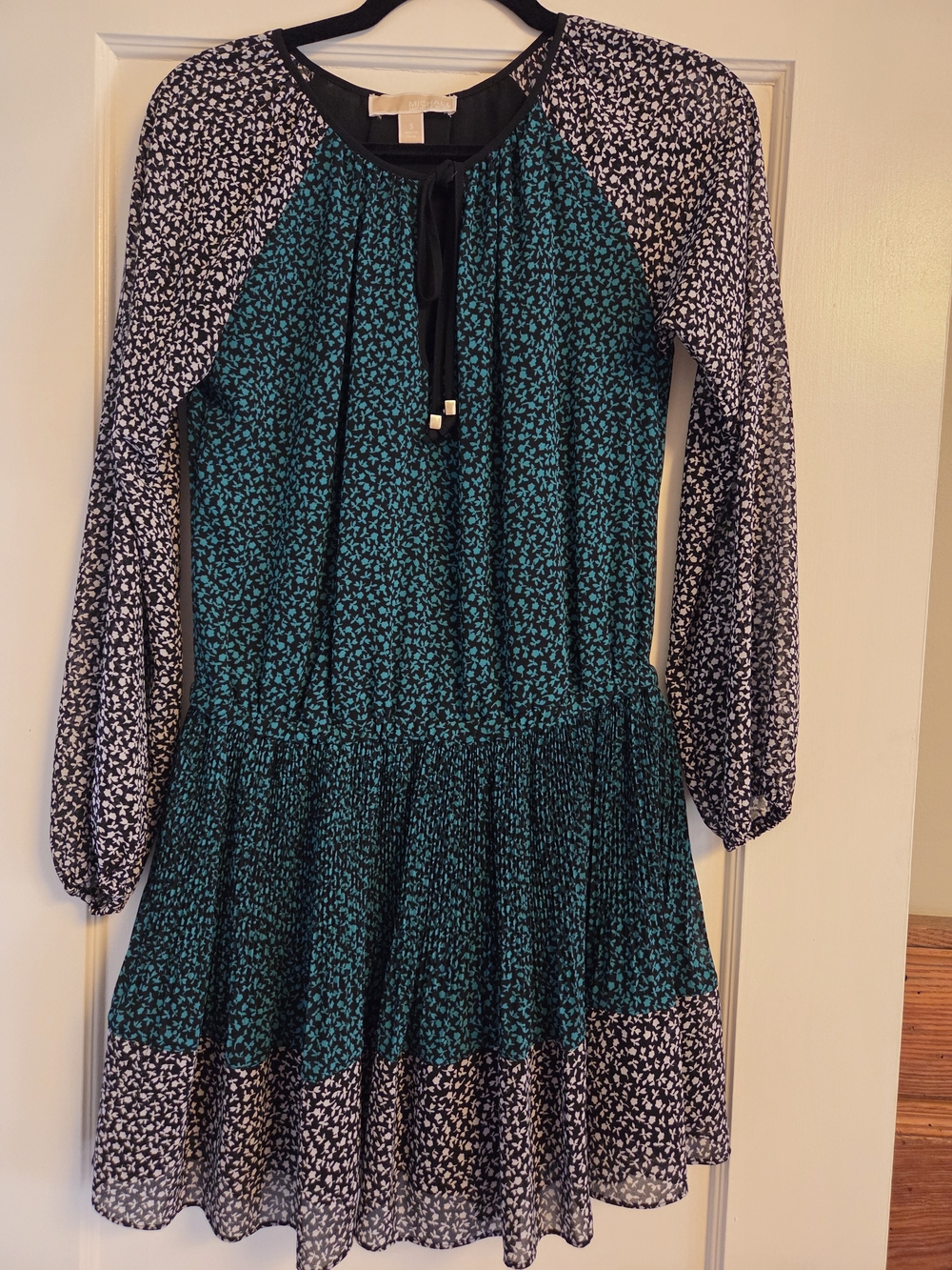 Michael Kors Teal and Black Floral Sheer Long Sleeve Dress Sz Small